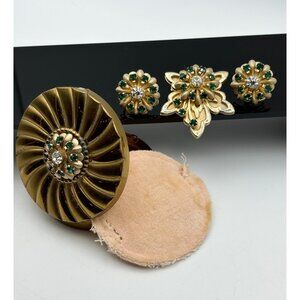 1950s Goldtone Rhinestone Brooch Earrings Compact-Very RARE